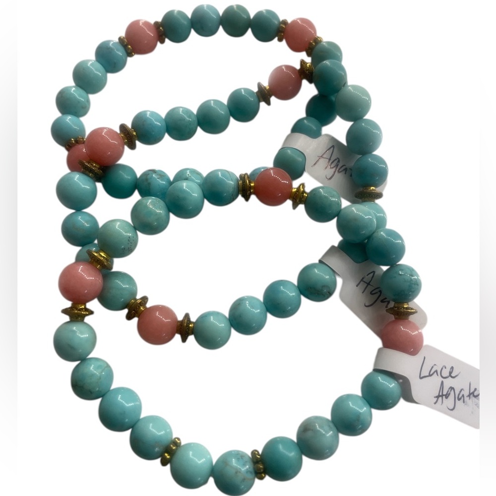 Lace Agate colored Turquoise, Rose Quartz Gemstone Bracelet,Stretch - Picture 3 of 7